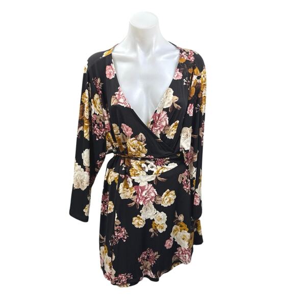 Torrid Women's Black Floral Long Sleeve Tie Deep V Neck Wrap Mini Dress Size 4 - Picture 1 of 5